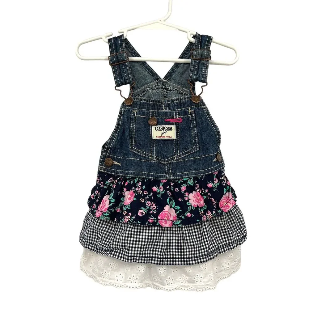 Oshkosh B'gosh Denim Dress Layered Floral Gingham Eyelet Layers 18 months‎